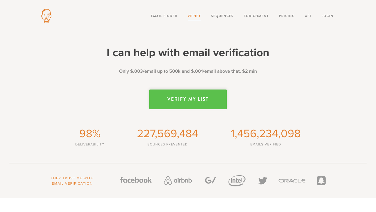 Voila Norbert email verification pricing page with deliverability figures
