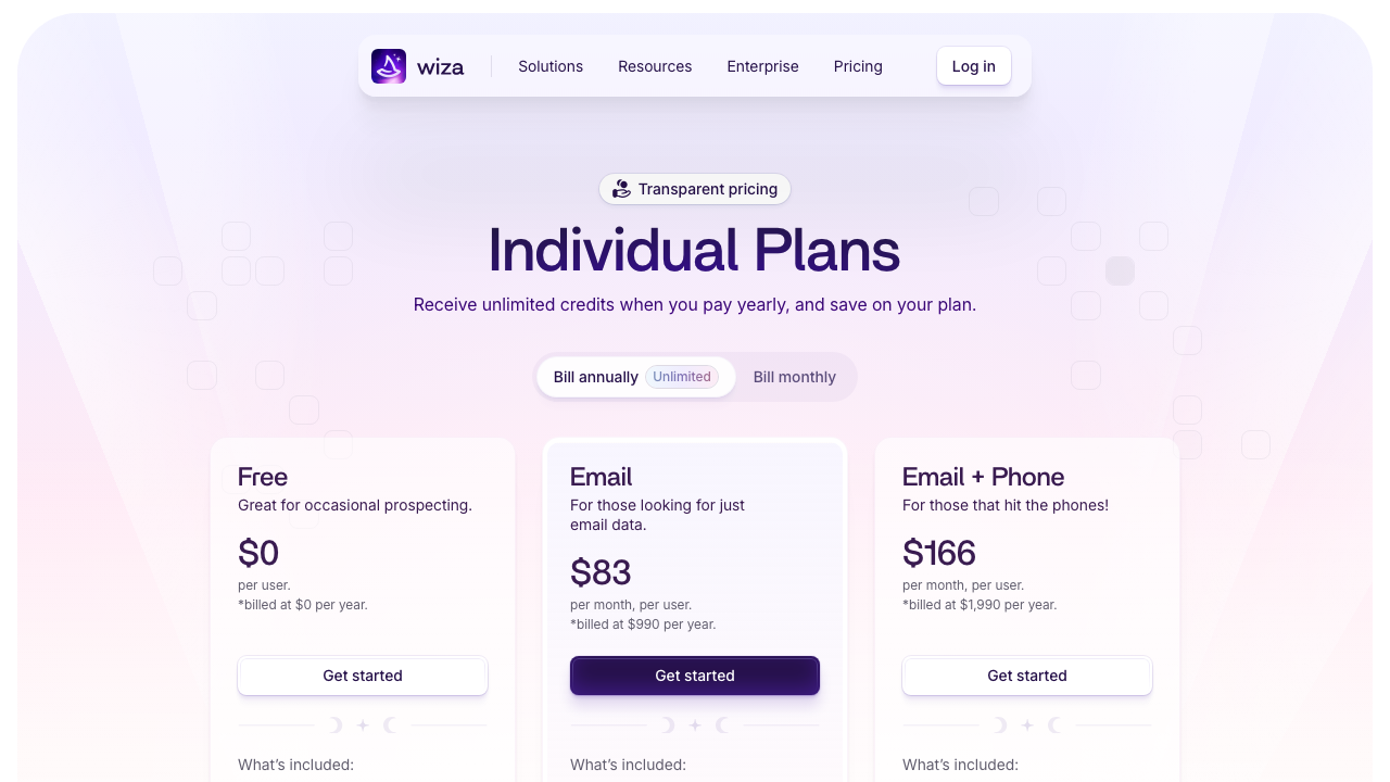 Wiza pricing page with individual email and phone data plans