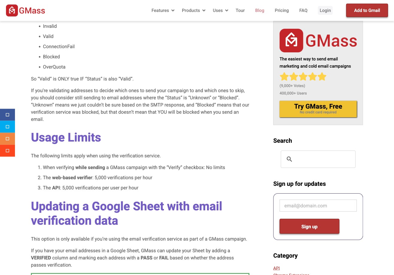 GMass email verification usage limits for Gmail campaigns