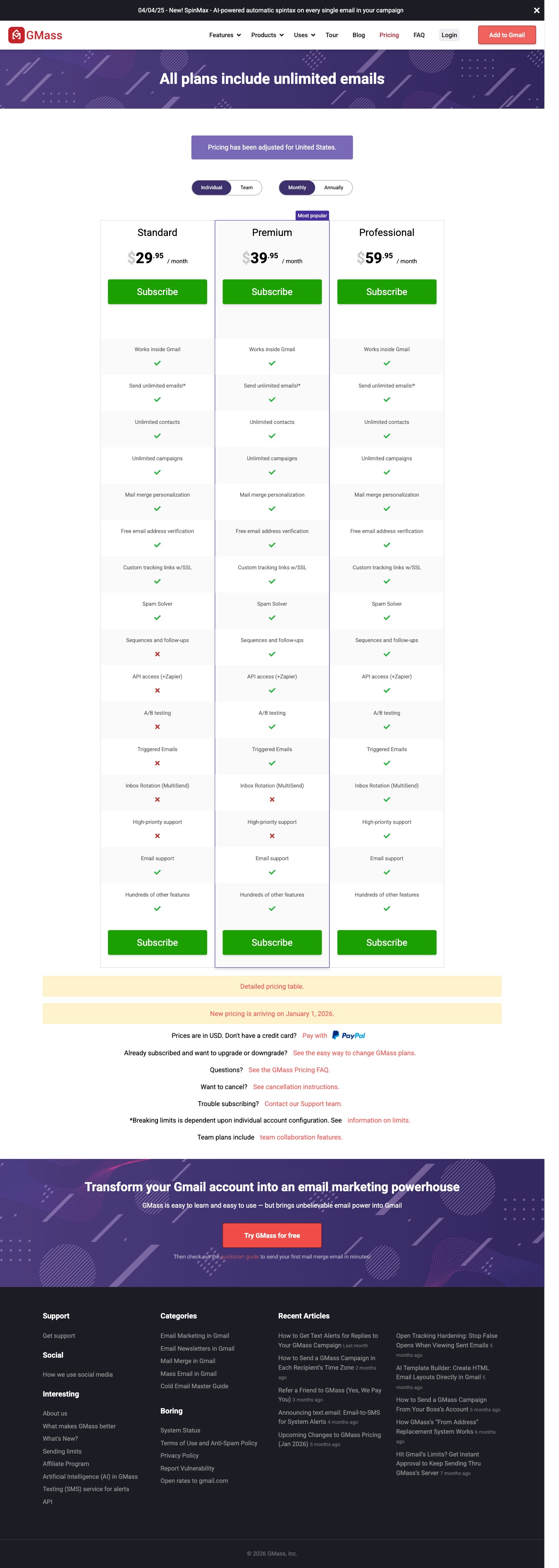 GMass pricing plans with free email verification for campaign senders