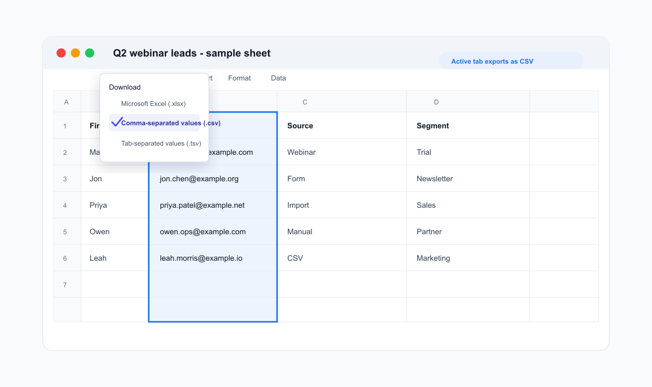 Google Sheets email column selected before exporting the active tab as a CSV file for email verification