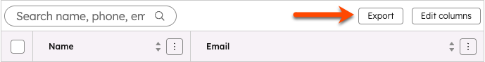HubSpot contacts list view showing the Export button for exporting contacts to CSV