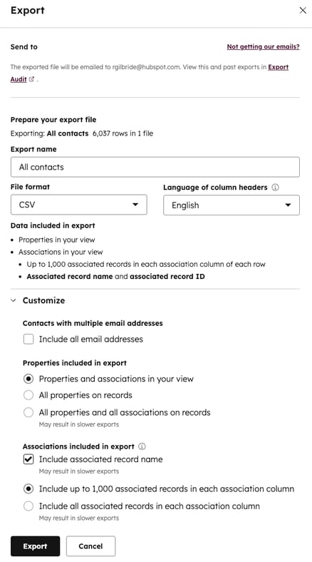 HubSpot export dialog showing CSV file format and contact export options
