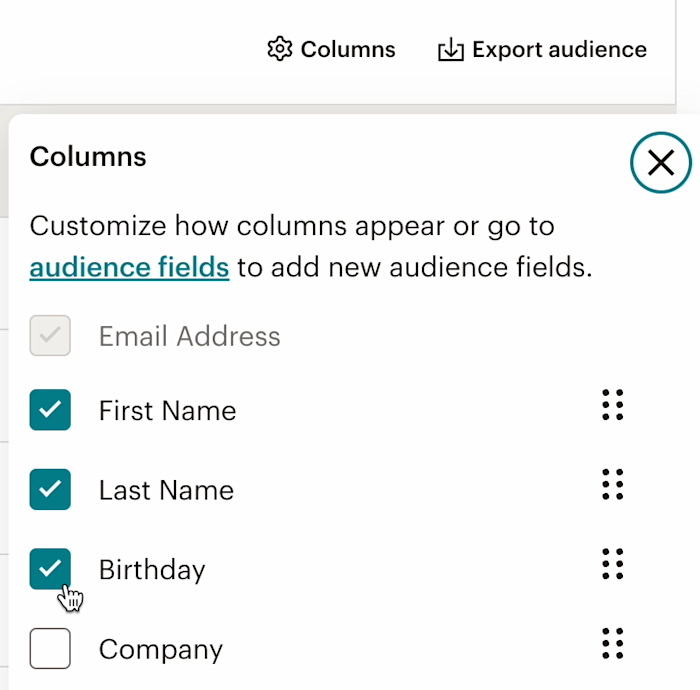 Mailchimp audience contacts table showing the Export Audience action for CSV export