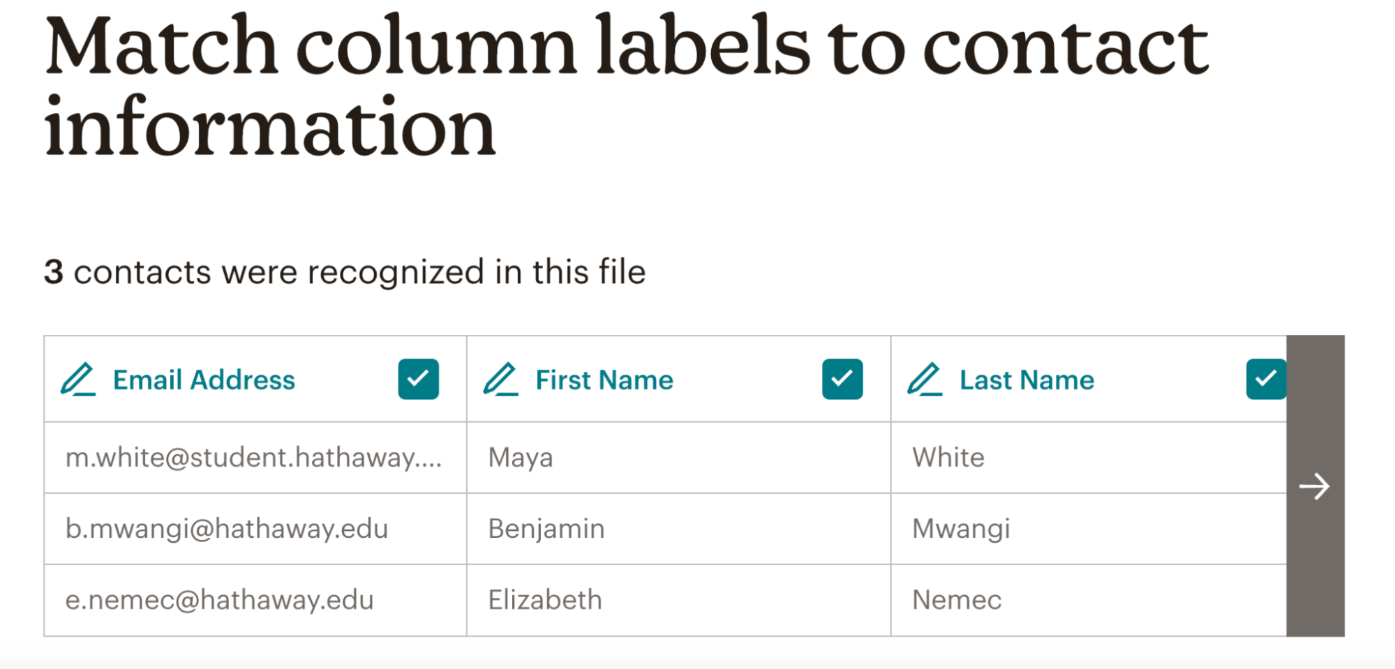 Mailchimp import column matching screen showing Email Address mapped during CSV import