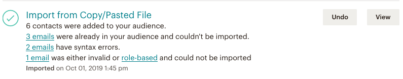 Mailchimp import history example showing added contacts duplicate emails syntax errors and invalid or role-based addresses